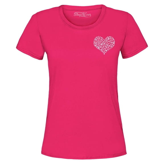 Shop4Ever Women's Ribbon Heart Montage White Pocket Size Graphic T-Shirt Large Heliconia Pink