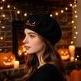 thumbnail image 6 of CINVREST Halloween Party Hat Creative Pumpkin Beret-Hat Cute Embroidery Fashion Knitted Hats Fall Winter Party Headwear (Free Size, Black), 6 of 7