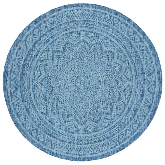 SAFAVIEH Courtyard Josiah Floral Medallion Indoor/Outdoor Area Rug, Navy/Aqua, 6'7" x 6'7" Round