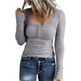 thumbnail image 1 of Gupgi T-Shirts Henley pour Femmes à Manches Longues, Col Rond, Boutonnés, Couleur Unie, Coupe Ajustée, 1 of 4
