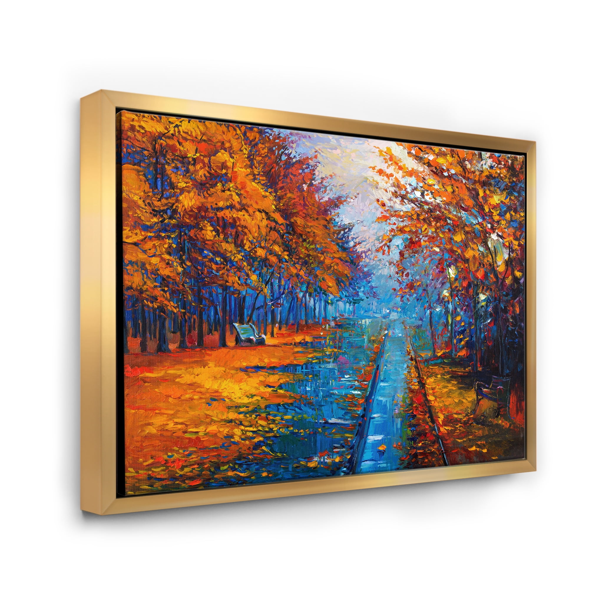 Designart 'Orange Autumn Landscape With Little Road II' Traditional Framed Canvas Wall Art Print