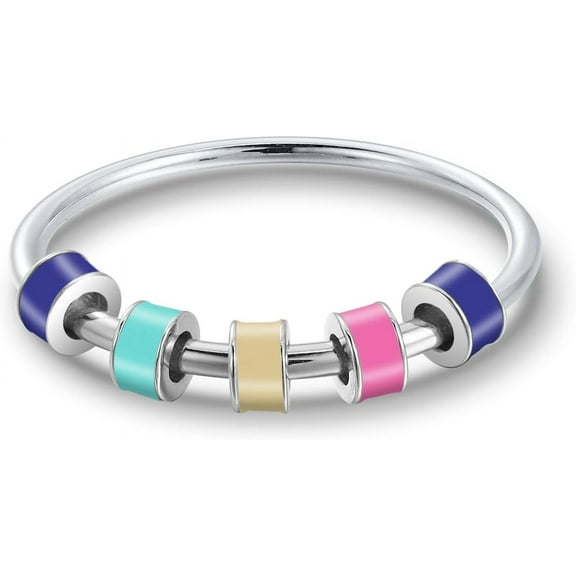 925 Sterling Silver Fidget Ring Anti Anxiety Ring With Colorful Enamel Beads Stress Relief Spinner Ring For Women Men Releases Anxiety Spinning Rotate Stacking Ring Jewelry Graduation Gifts