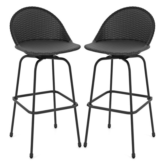 Spaco Set of 2 Rattan Swivel Barstools with Curved Back, Outdoor Patio Chairs, Black