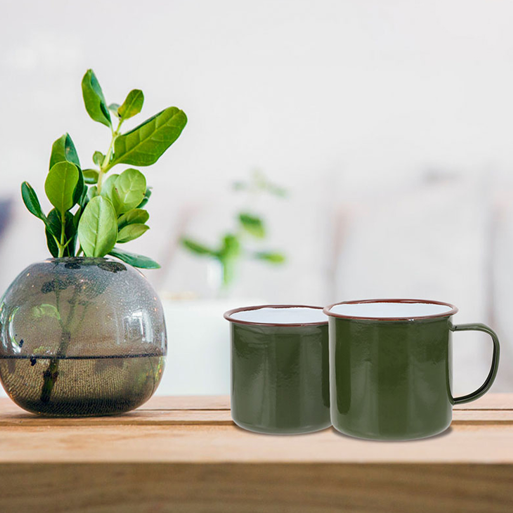 Green Enamel Coffee Mugs with Lid for Kitchen Simple Style Durable and Easy to Clean 2 Pieces