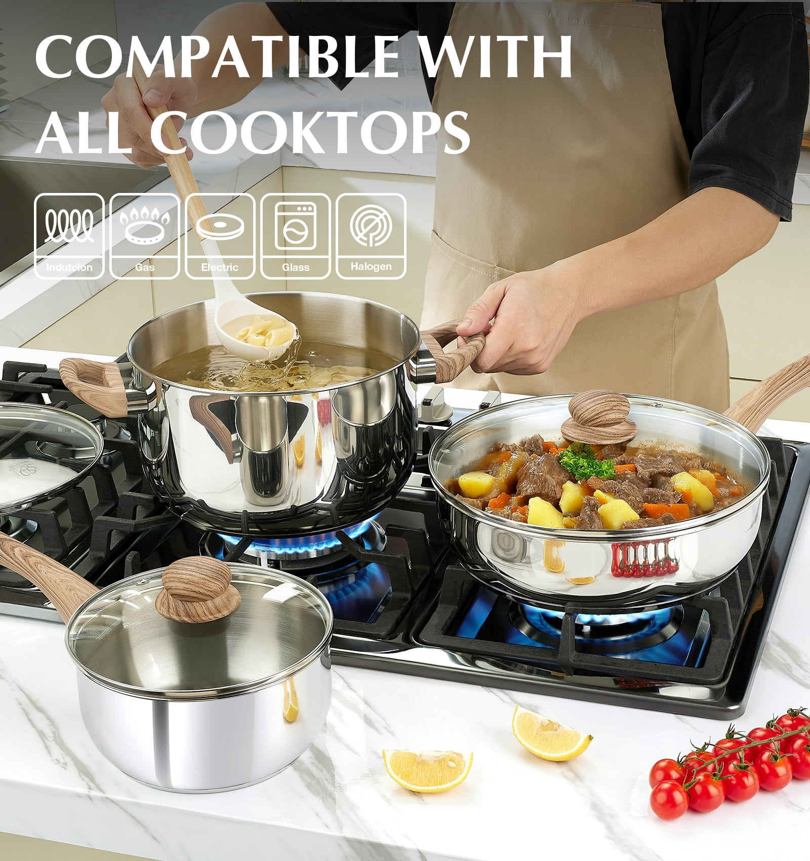 Koch Systeme CS 12 Piece Tri-Ply Stainless Steel Cookware Set, Pots and Pans Set with Cool-Touch Bakelite Handles, Induction Compatible