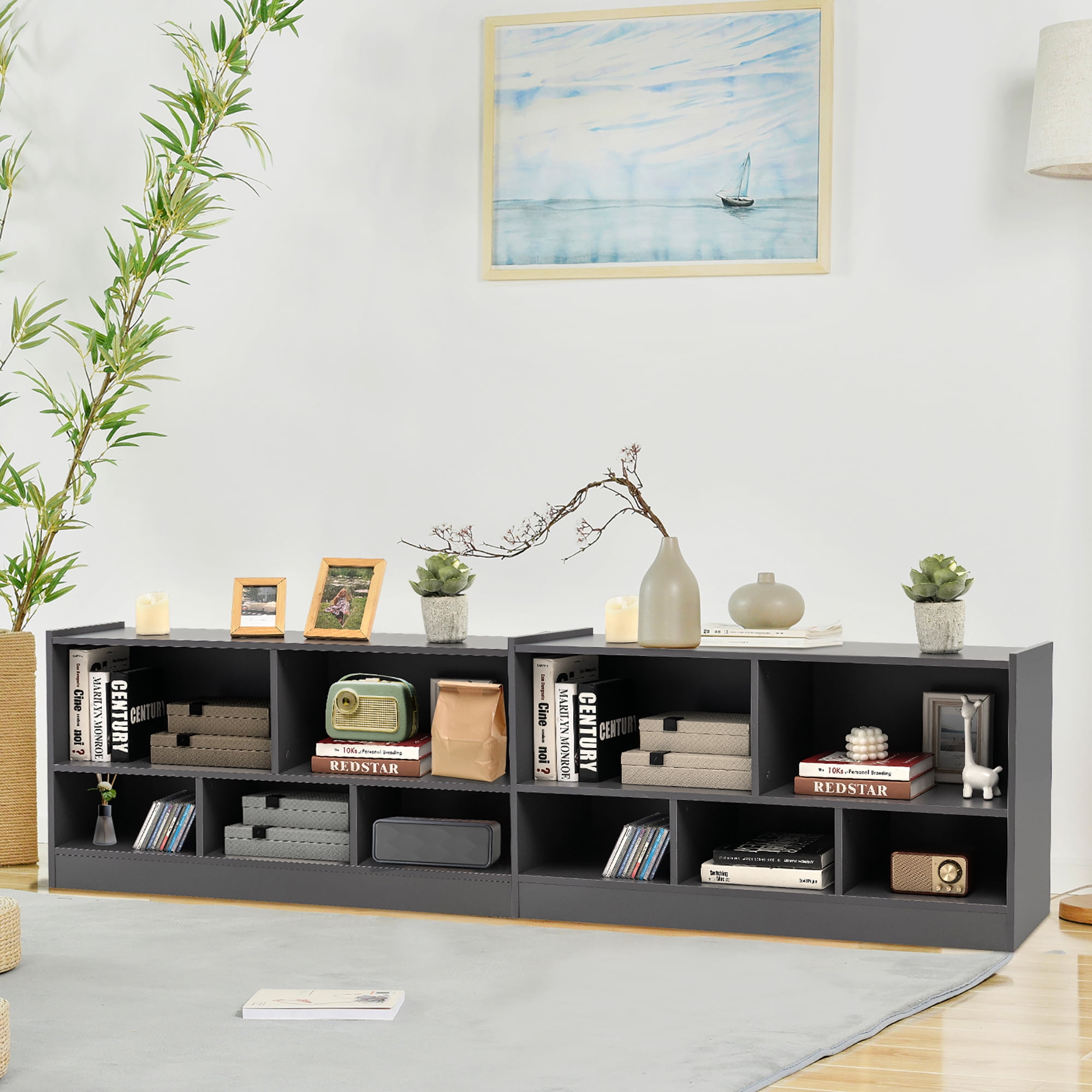 Gymax Kids 5-Cube Storage Cabinet 2-Shelf Wood Bookcase Organizer Grey