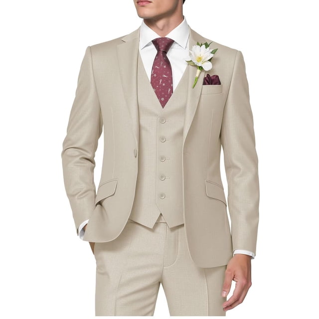Traje HUUTOE beige ajustado para hombre con chaleco y pantalones de vestir