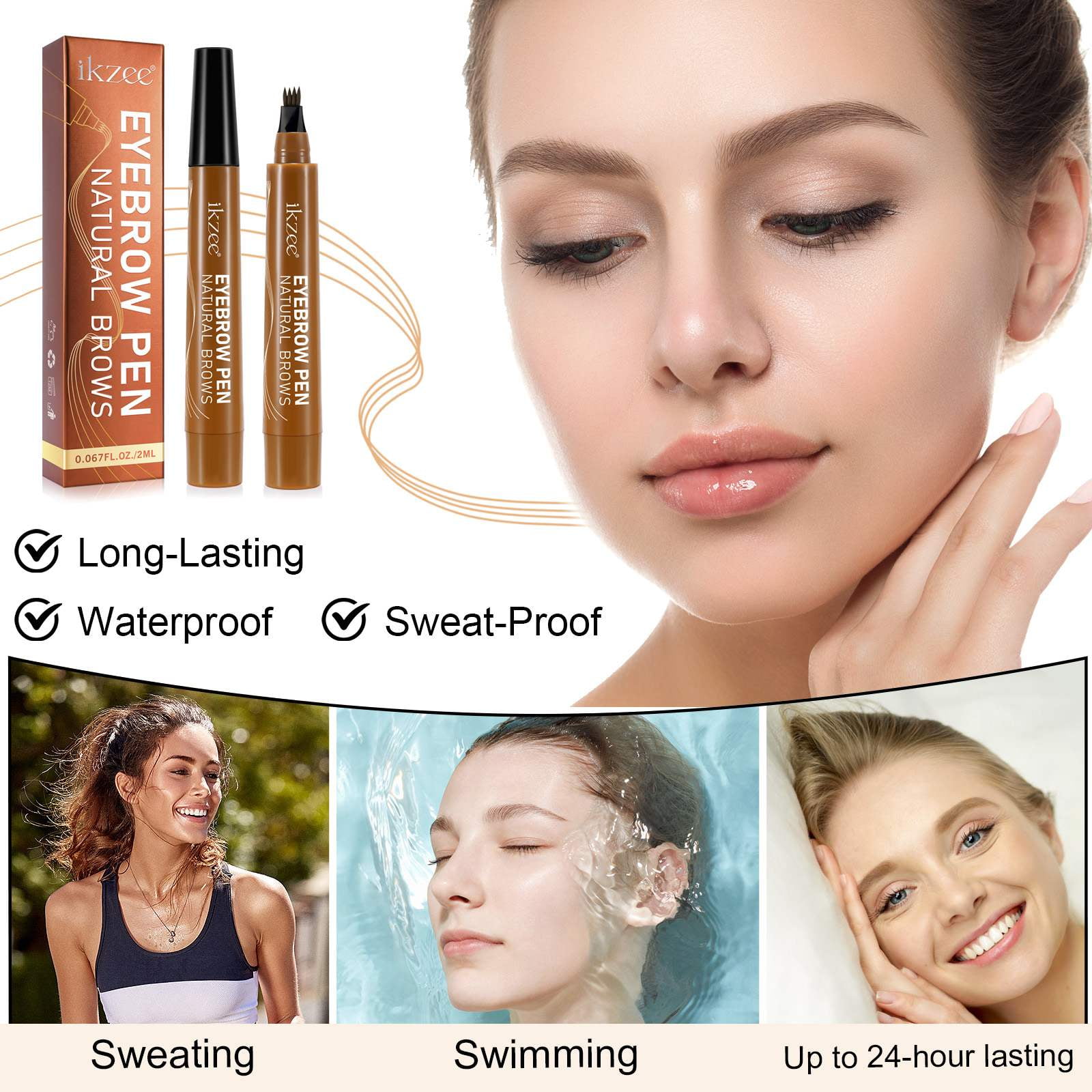 ikzee Eyebrow Pen (Brown), 4 Fork Tip for 3D Natural Eyebrow, Hair