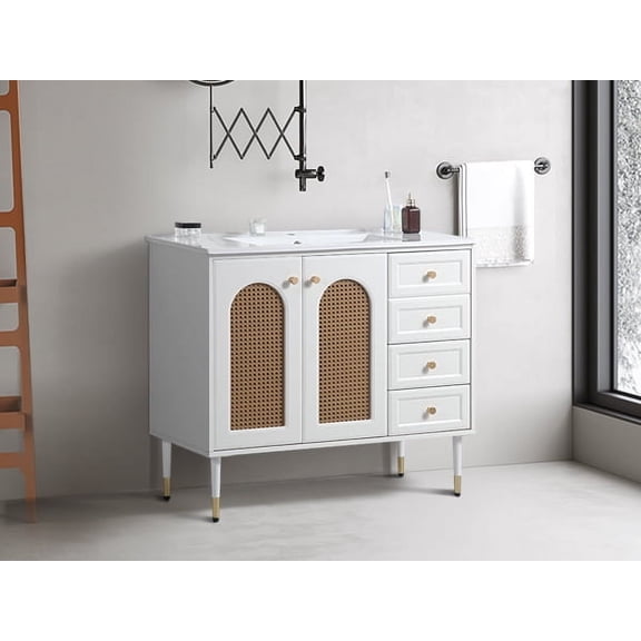 36"Bathroom Vanity w/Ceramic Basin,Rattan Bathroom Storage Cabinet w/Two Doors and Drawer