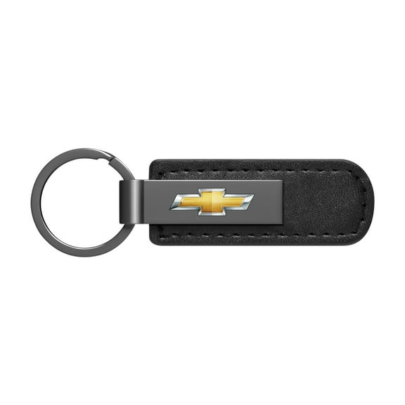 iPick Image for Chevrolet Golden Logo Black Chrome Metal Plate Black PU Leather Key Chain, Official Licensed