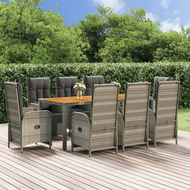 vidaXL 9 Piece Patio Dining Set with Cushions Gray Poly Rattan