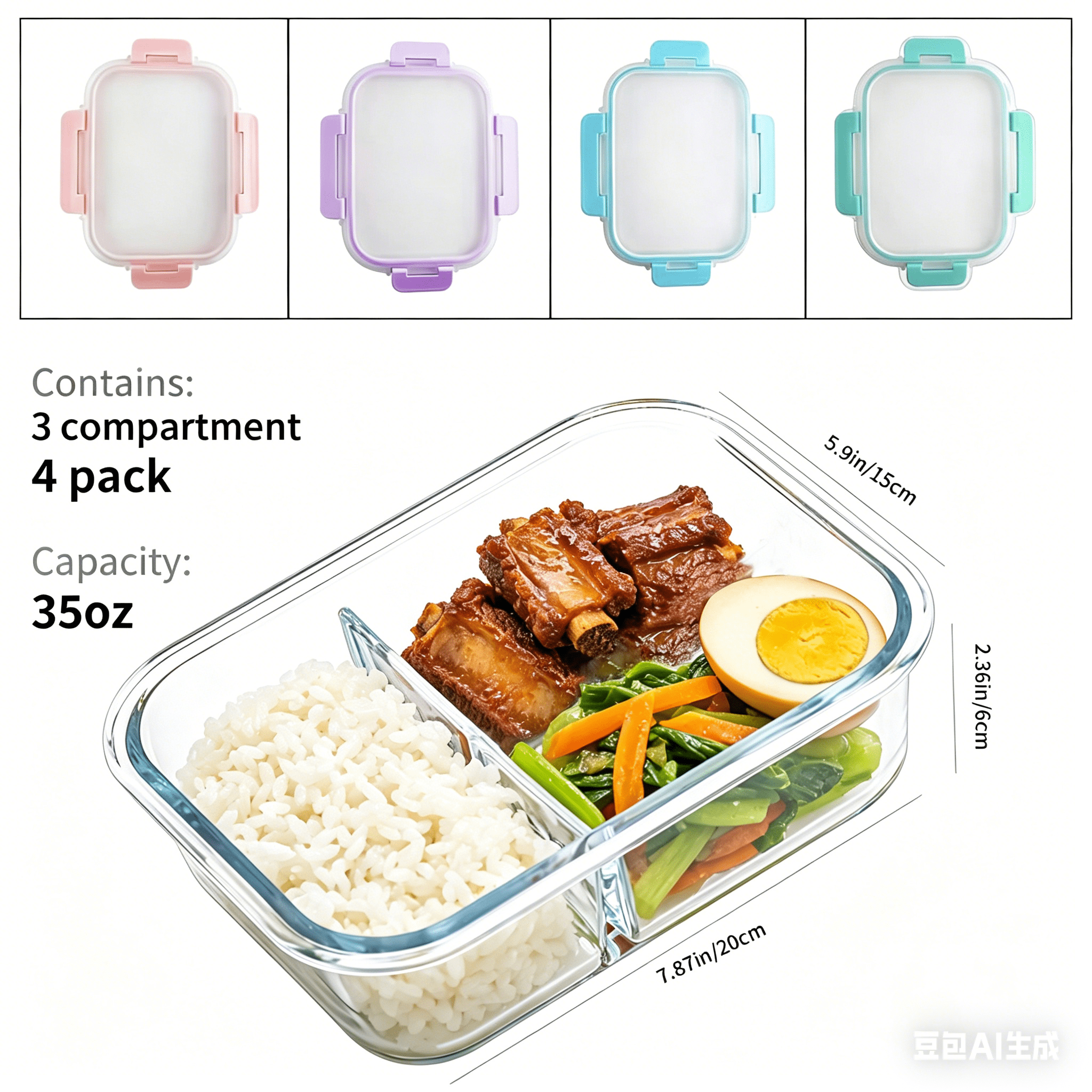stusgo 35 Oz Glass Food Storage Containers 4-Pack,2 Compartment Portion Control with Airtight Snap Lids，Microwave, Oven, Freezer & Dishwasher Safe (4 Pack,Colorful)