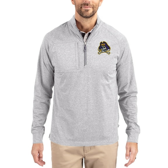 Women's-Cutter & Buck  Heather Gray ECU Pirates Adapt Eco Knit Stretch Recycled DryTec Raglan Quarter-Zip Pullover