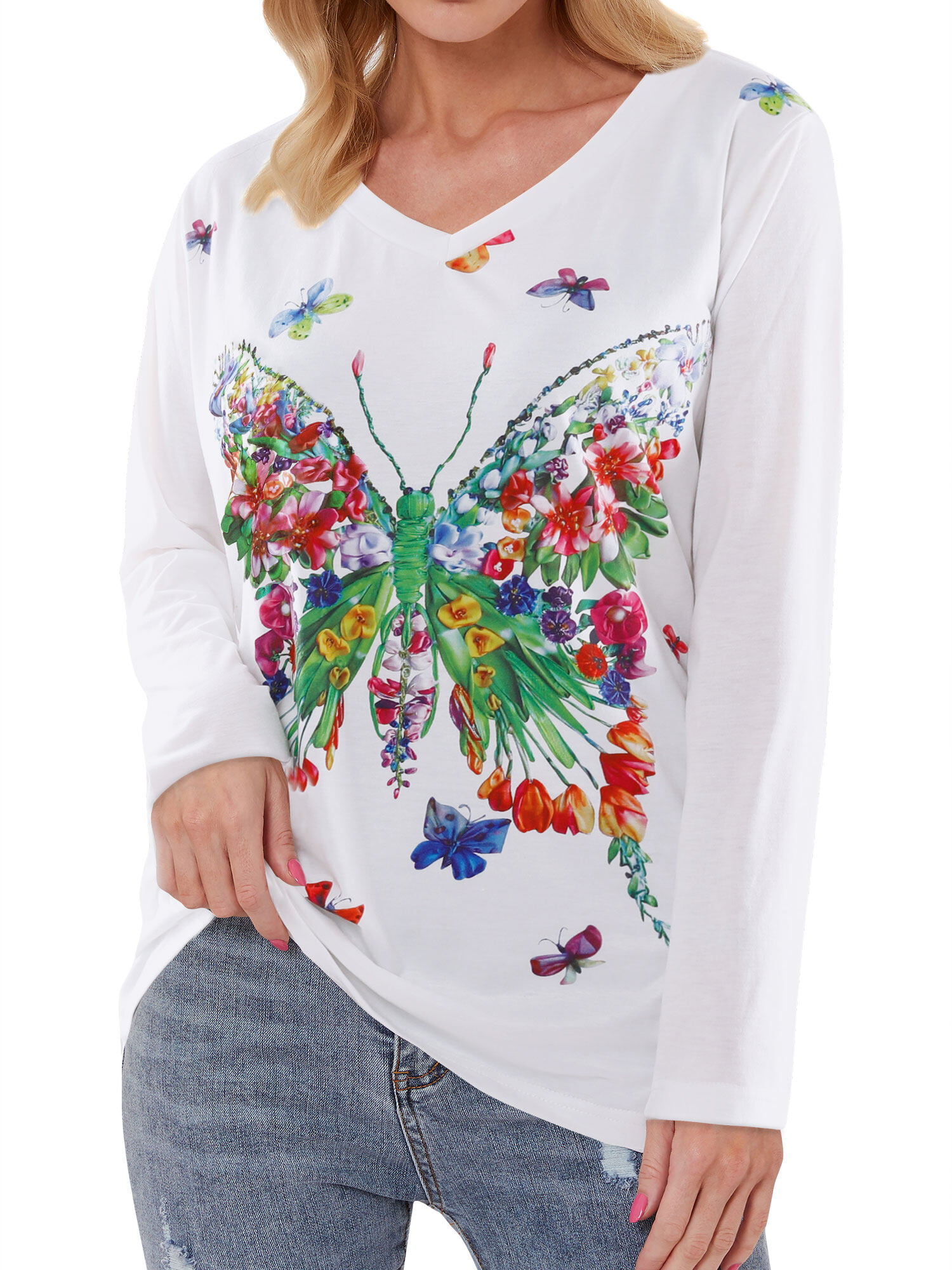 Twzh Women Butterflies Graphic Print Crew Neck Long Sleeve Pullover Top
