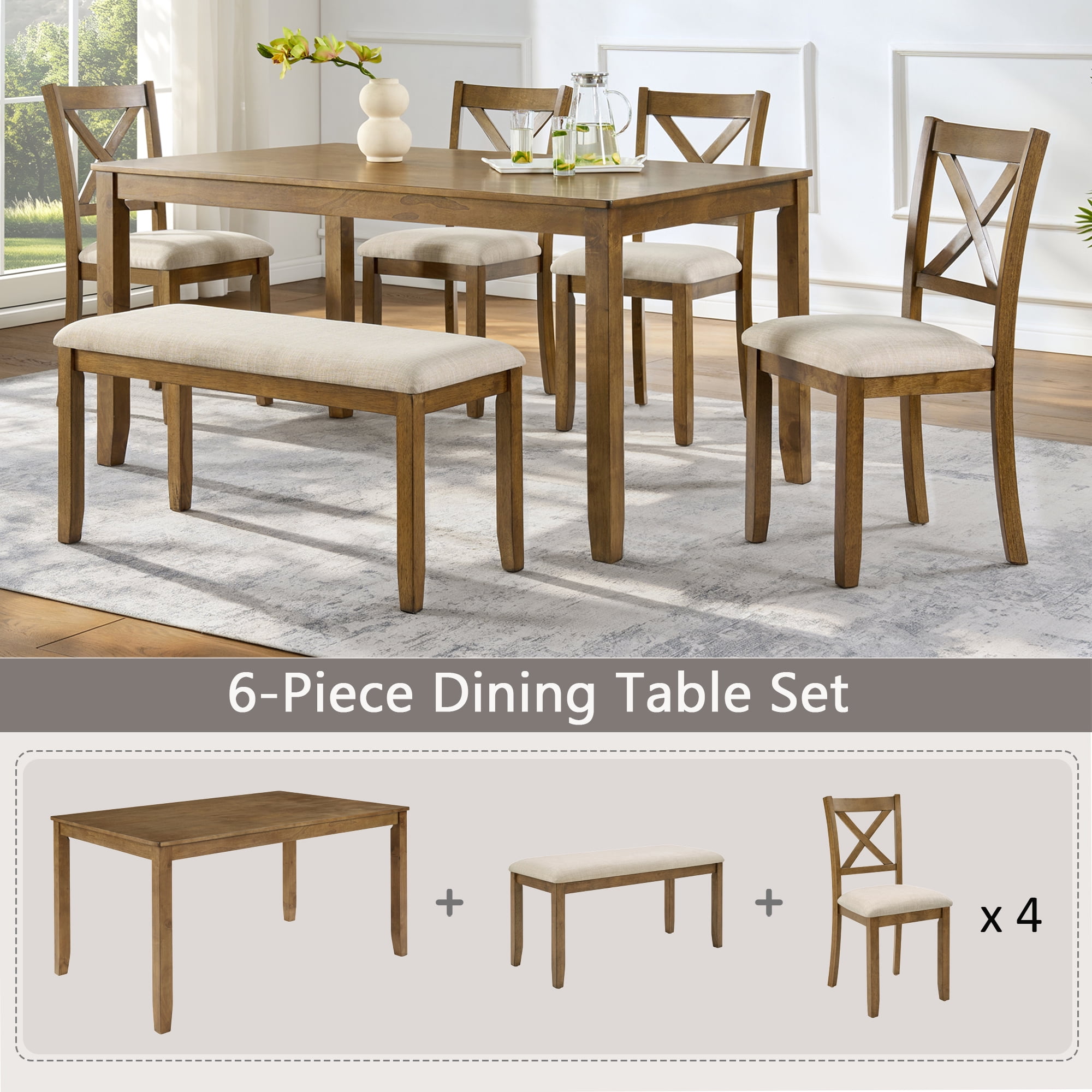 6-Piece Dining Table Set for 6, 58.5" Wood Rectangular Kitchen Table with 4 Chairs & Bench