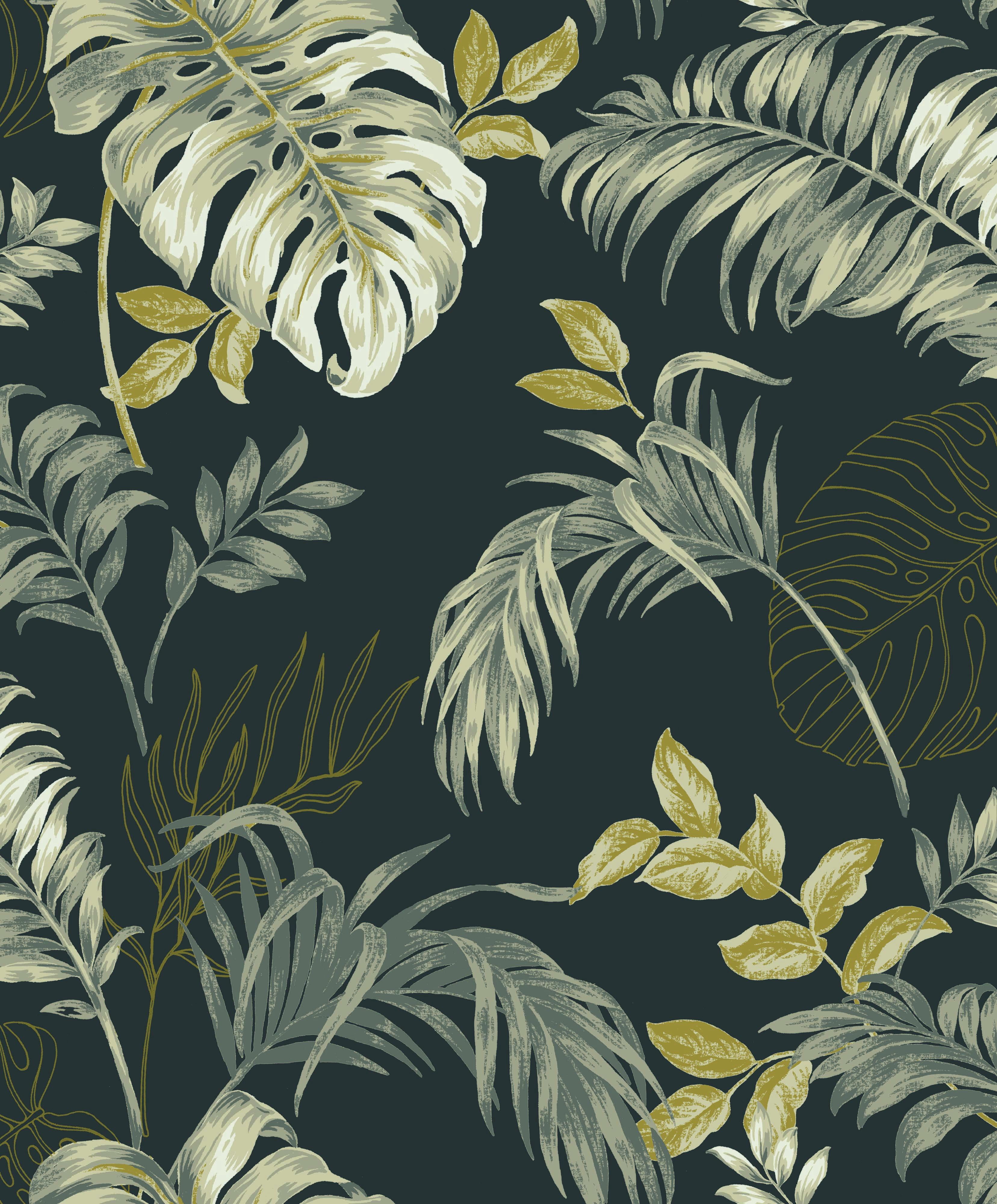 Black Tropical Leaves Botanical Printed Non Woven Non-Pasted Textured Wallpaper 57 Sq. Ft.