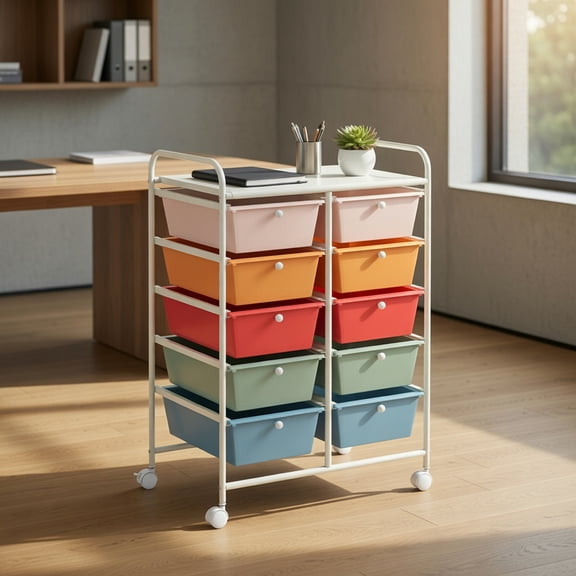 Topcobe 10-Drawer Rolling Storage Cart, Rolling Carts with Wheels for Kitchen, Living Room, Multicolor