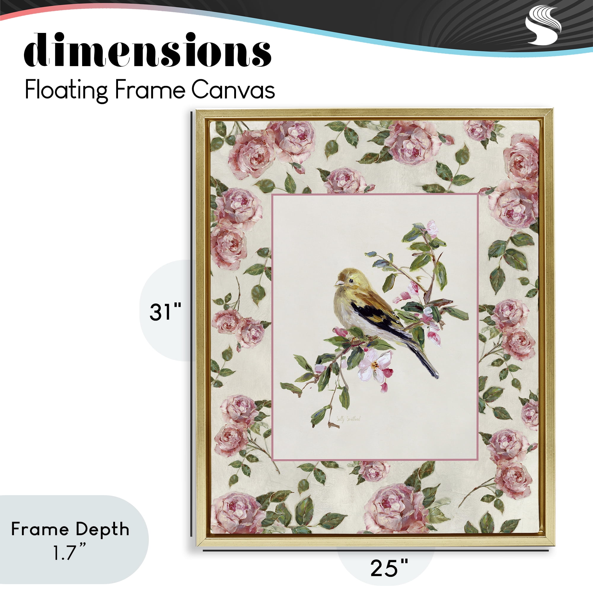 Stupell Industries Perched Bird with Dainty Roses Gold Framed Floater Canvas Wall Art, design by Sally Swatland