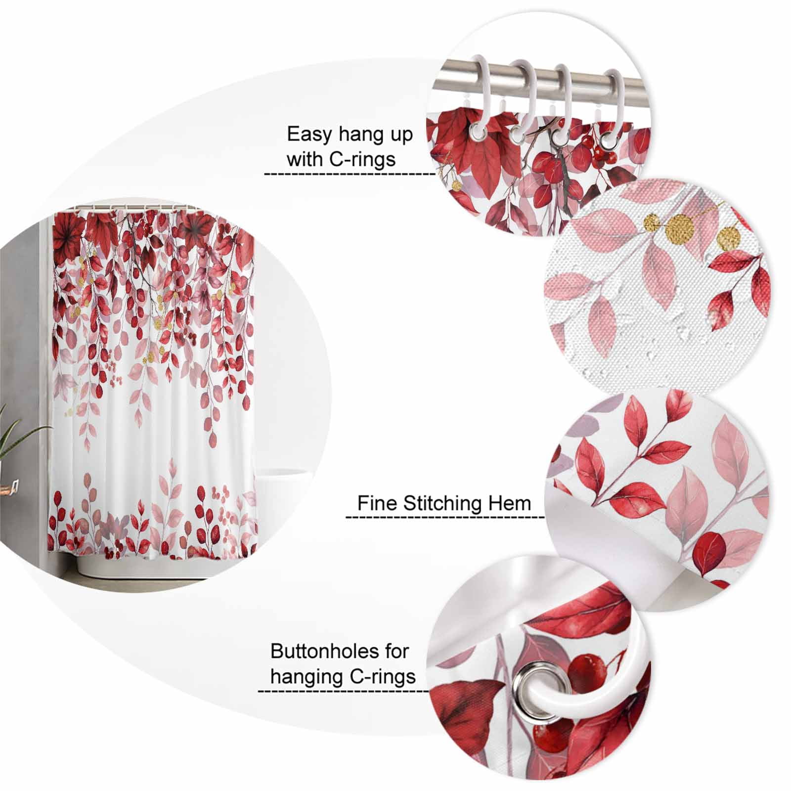 Red Eucalyptus Bathroom Curtain 78 Inch Shower Curtain with Hooks, Gold Branches Vintage Flower Plant Waterproof Polyester Bath Curtain Washable Bathtub Curtain 72''x 78''
