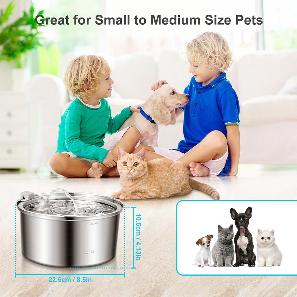 PawQuench Automatic Pet Water Fountain, Fountain Pump with Filter Elements, 3.2L/108oz Stainless Steel Cat & Dog Drinking Fountain Indoor/Outdoor - Ultra-Quiet for Small Large Pets