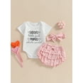 thumbnail image 2 of Coduop Baby Girls Father's Day Mother's Day Outfit Short Sleeve Romper and Ruffle Shorts 3Pcs Set, 2 of 8