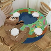 Cute Sloth Round Tablecloths Elastic Edged Sweet Doughnuts Star Dots Tablecloths Washable Reusable Tablecloths for Kitchen Picnic Party