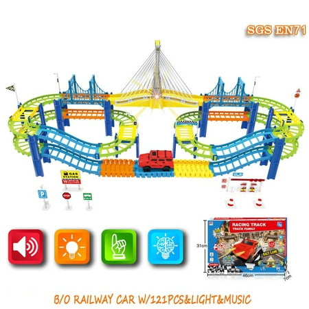 Racing Track Car Family Race Game w/light and music Multicolor 121 pcs w/bridges, 2 levels and accessories to create your own track Mundo Toys