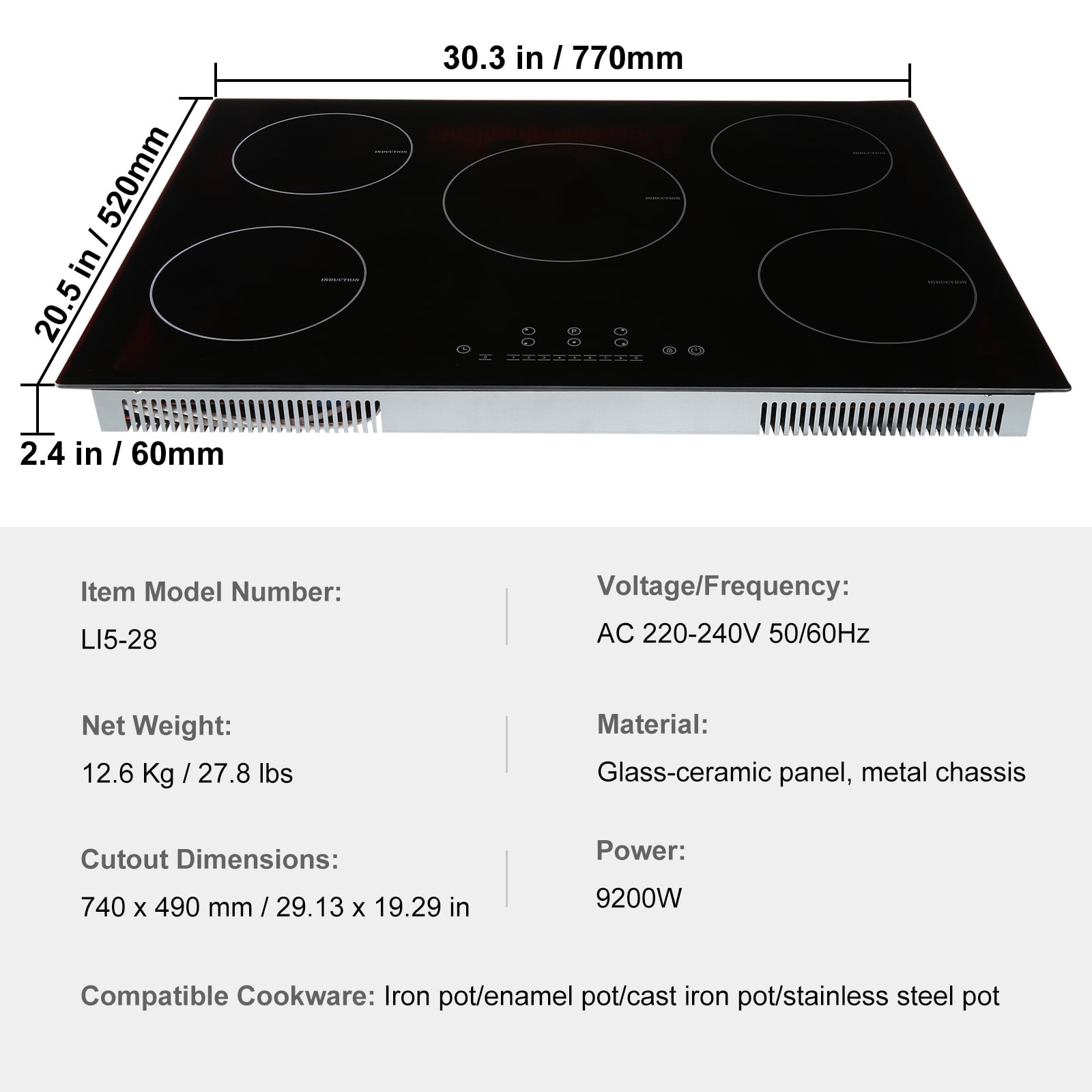 KFFKFF Induction Cooktop, 5 Heating Elements, 30'' Electric Stove, Integrated Magnetic Cooktop 9200W, 9 Heat Settings, LED Touch Display with Child Safety Lock & Overheat Protection