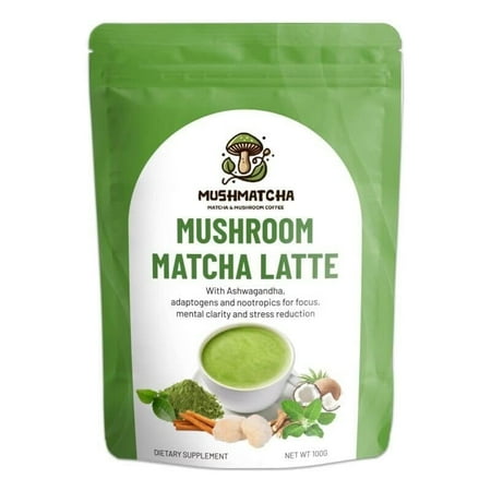 MushMatcha Mushroom Matcha Latte with Ashwagandha – Adaptogenic Herbal Drink Mix – Natural Energy & Focus Support – 3.5 oz Powder