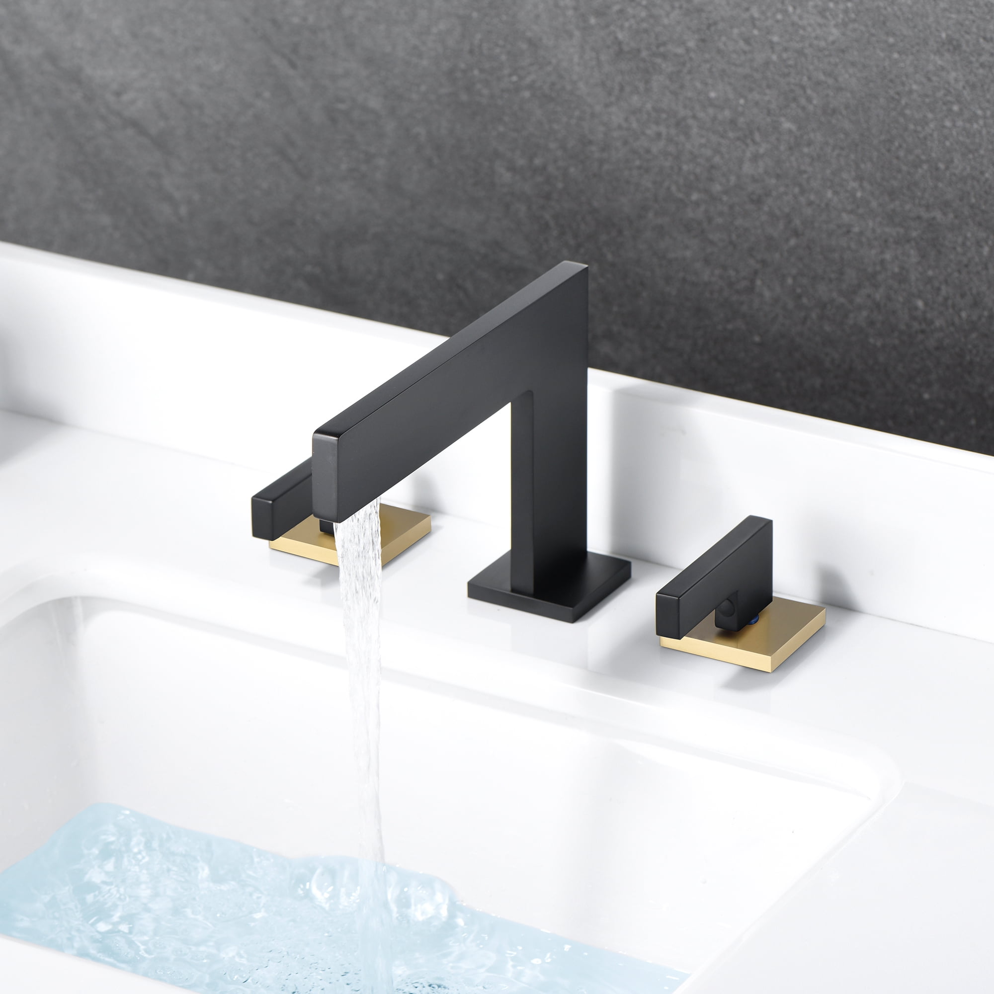 Sumerain Widespread Waterfall Bathroom Faucet 3 Hole 2 Handle 8 Inch Vanity Sink Faucet,Black and Gold Bathroom Basin Faucet with supply lines