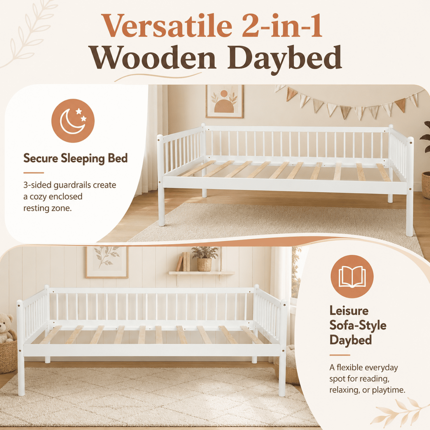 Miniyam Twin Wooden Daybed with Spindle Guardrails, Solid Pine Wood Bed Frame, White