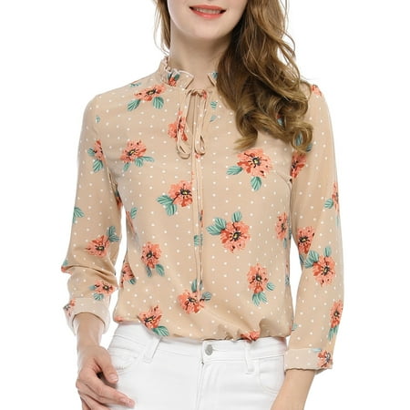 Women's Floral Tie Ruffled Neckline Long Sleeve Polka Dots Blouse