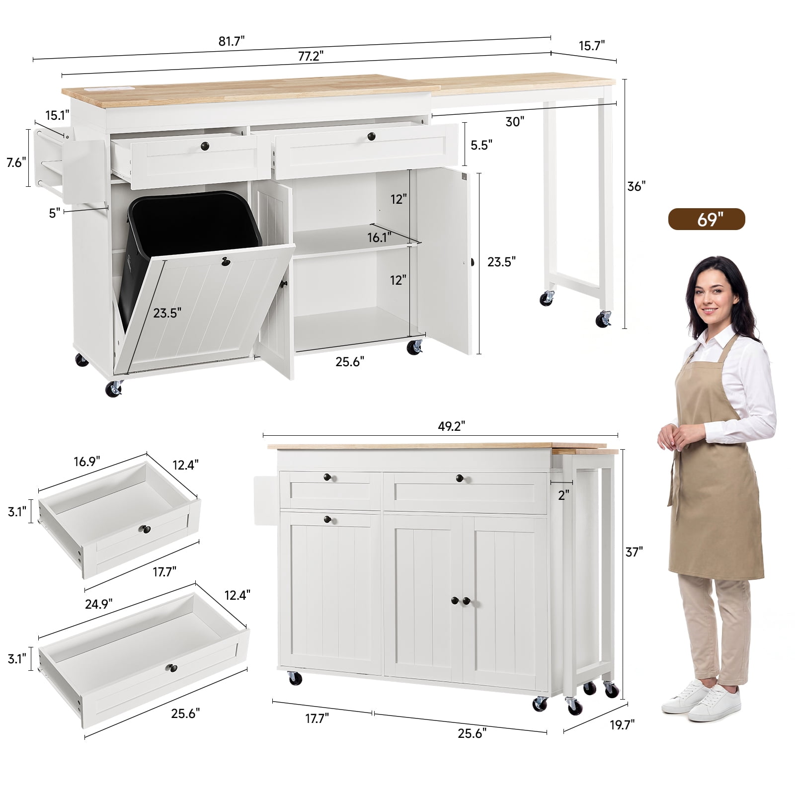 ROGALIS Rolling Kitchen Cart w/Extendable Dining Table, 81.7" Mobile Kitchen Storage Islands w/Trash Cabinet, Power Outlet, Spice Rack & Towel Rack, White