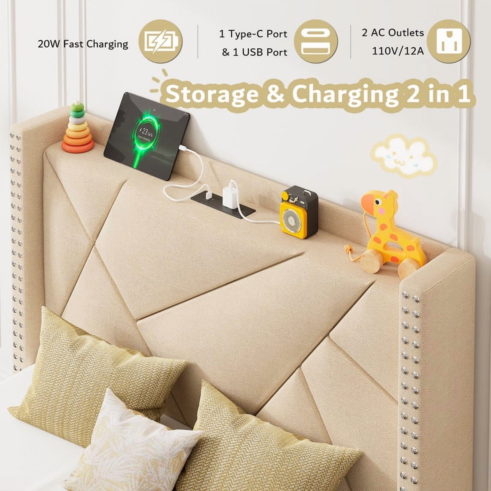 iPormis Twin Bed Frame with Charging Station & Wingback Upholstered Headboard, Platform Bed with 4 Storage Drawers , Solid Wood Slats Support, No Box Spring Needed,Beige