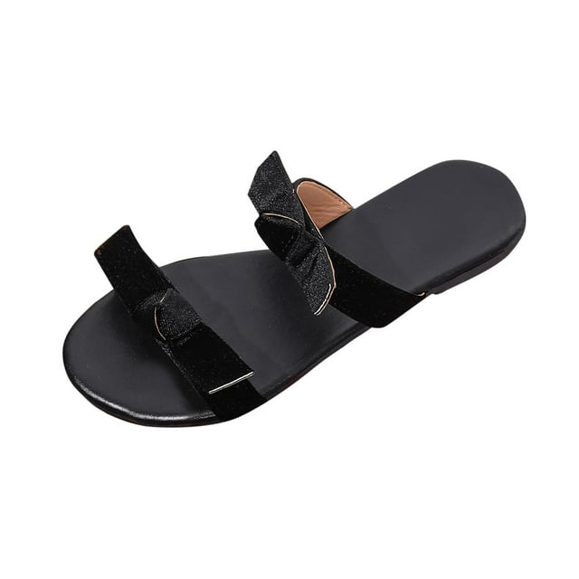 Slide Sandals for Womens Flat Double Straps Bow Open Toe Non Slip Beach Summer Sandals Black