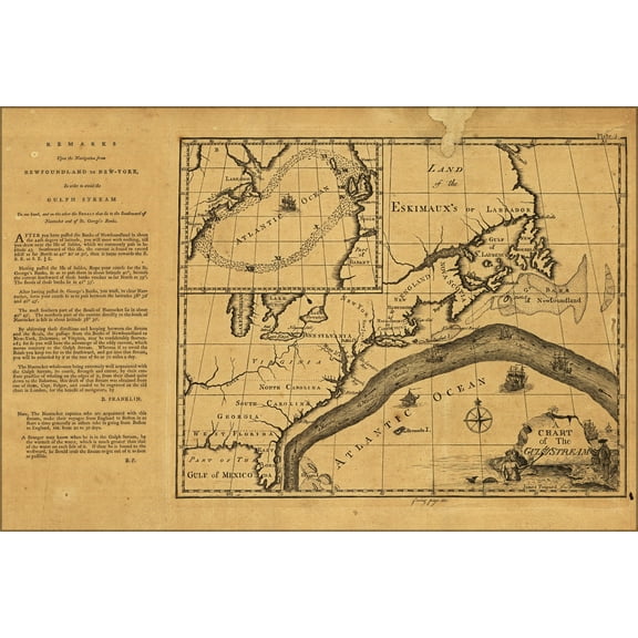 24"x36" Gallery Poster, map chart of the Gulf Stream 1786