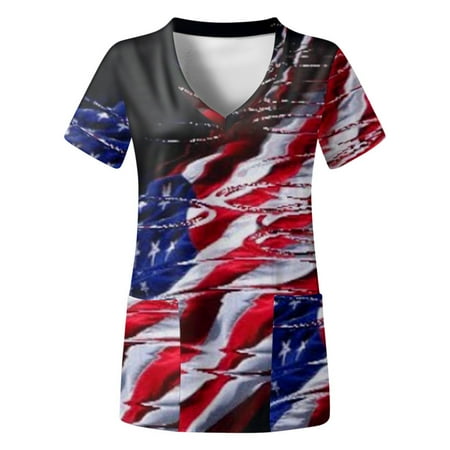 

Women Independence Day V-Neck Short Sleeve Pockets Printed Scrubs Top Uniform Nurses Clothing Workwear Female Dailywear