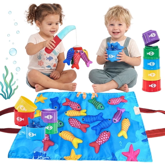 QOQ Cloth Fishing Game & Stacking Cups, Montessori Toddler Sensory Toy, Counting Sorting Learning Gift for Babies 6-36 Months Boys Girls