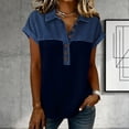 thumbnail image 2 of Nestiefly Denim Shirts for Women Button Up V Neck Lapel Collar Casual Short Sleeve Fashion Patchwork Western Blouses 2026 Navy L, 2 of 5