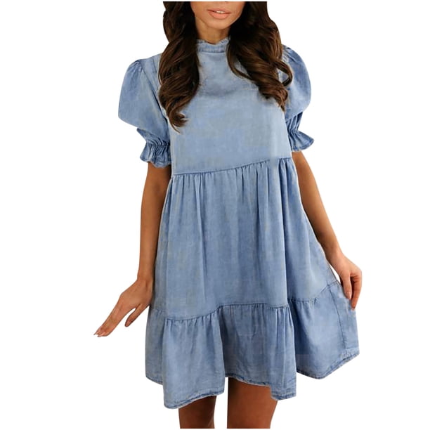 Moda mujer Casual Color sólido cuello redondo plisado manga corta vestido falda Pompotops qwe13396