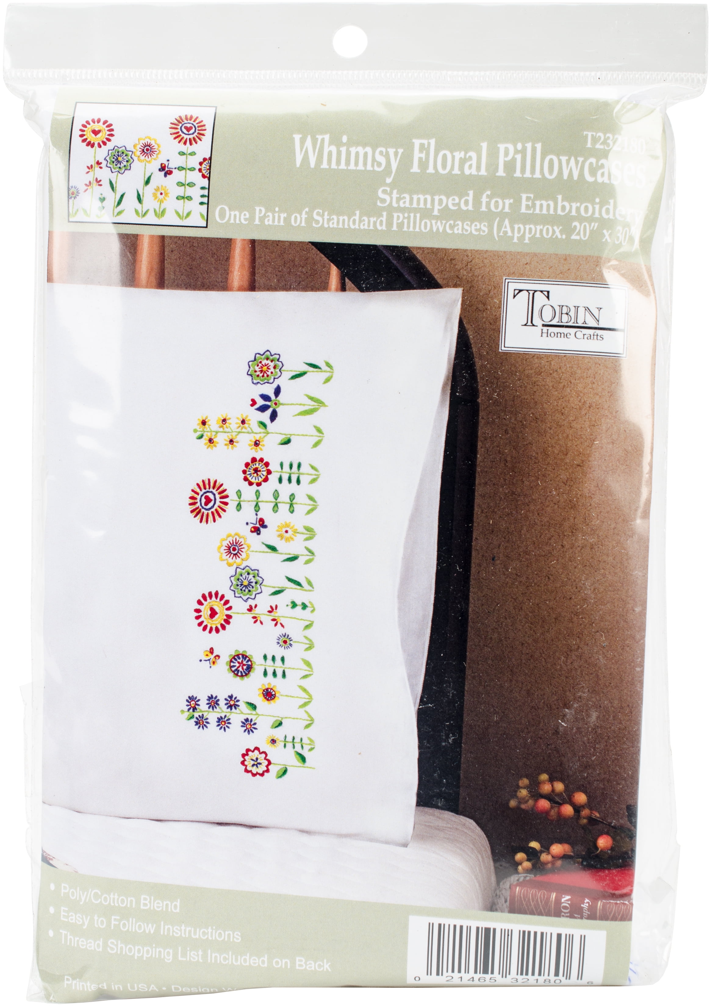 PILLOW CASES  TO EMBROIDER TOBIN INCLUDES DMC FLOSS     FLORAL VINE 