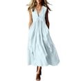 thumbnail image 2 of Women's Halter V-Neck Maxi Dress, Sleeveless High Waist Flowy Dress with Button Detail, Casual Cotton-Linen Look Sundress, Elegant Summer Dress for Beach Vacation and Evening Events Light Blue b XXL, 2 of 6