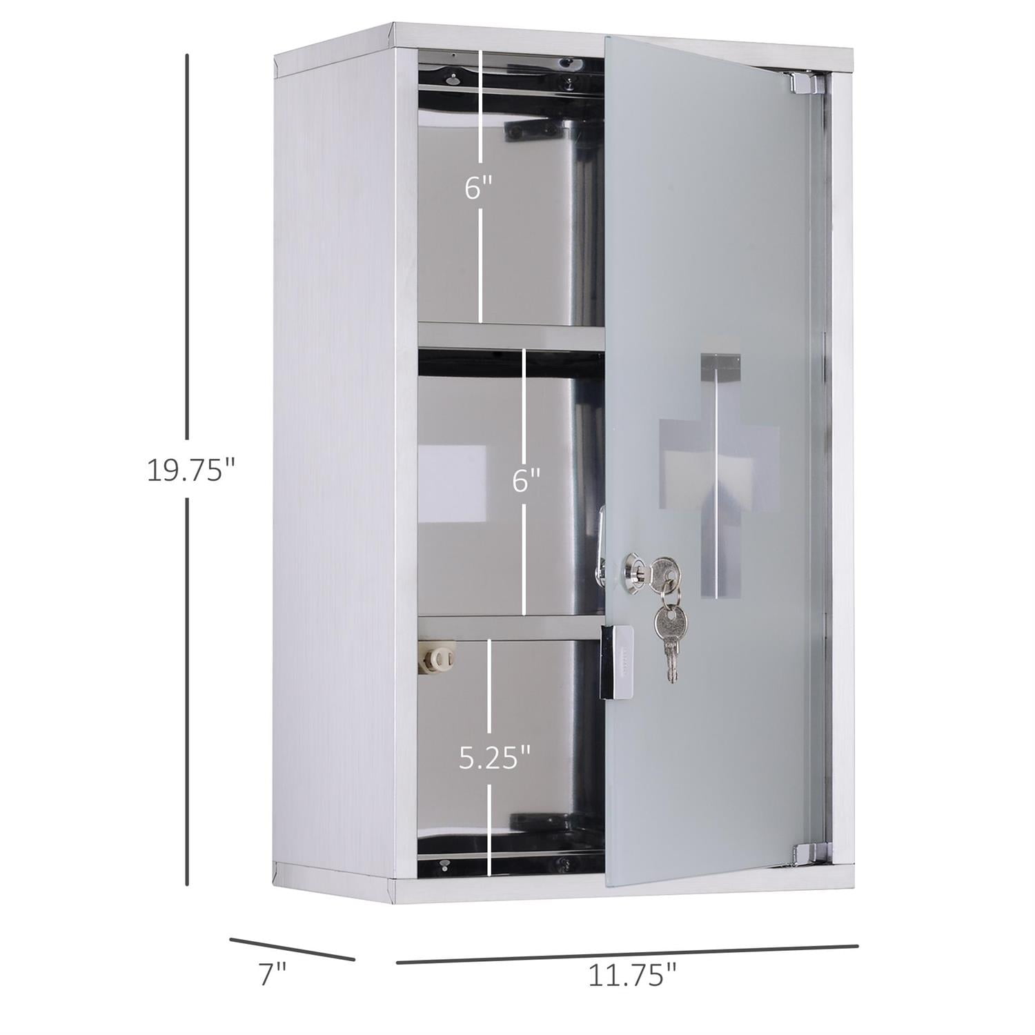 Demi Bonn 19" Stainless Steel Lockable Medical Cabinet with 3 Tiers, Shelves & 2 Keys for Bathroom Storage, Silver