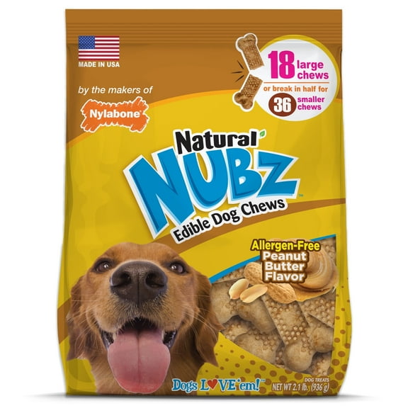 Nylabone Nubz Natural Edible Chew Treats for Dogs, Long Lasting Chews Made in USA, Peanut Butter Flavor, Large - Up to 30 lbs. (18 Count)