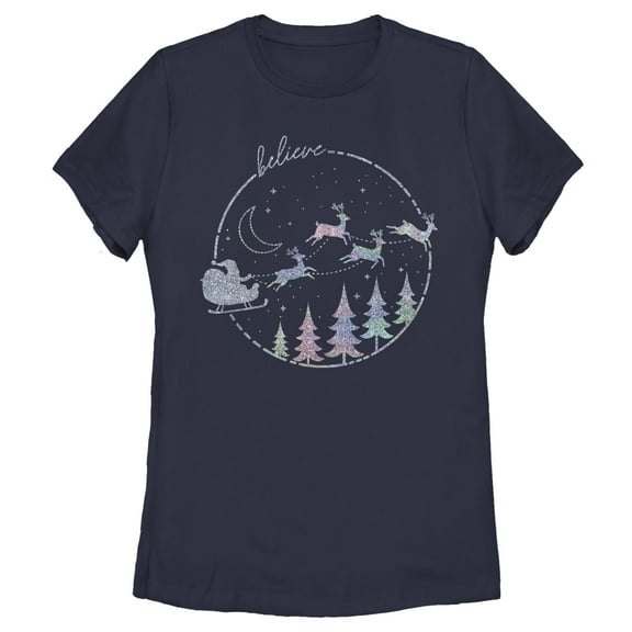 Women's Lost Gods Believe Christmas Sleigh Graphic T-Shirt