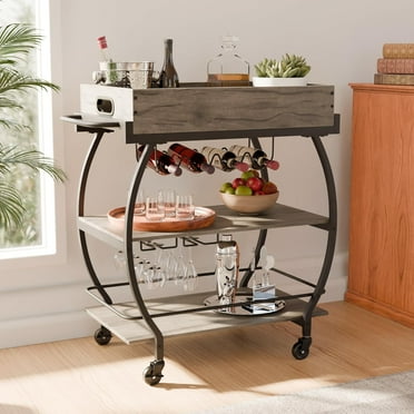 3 Tier Bar Cart with Wheels - Wooden Bar Cart with Wine Rack, Glass Holders, and Removable Top Serving Tray - Versatile Kitchen Cart for Dinner Parties, Mobile Bar Carts for the Home