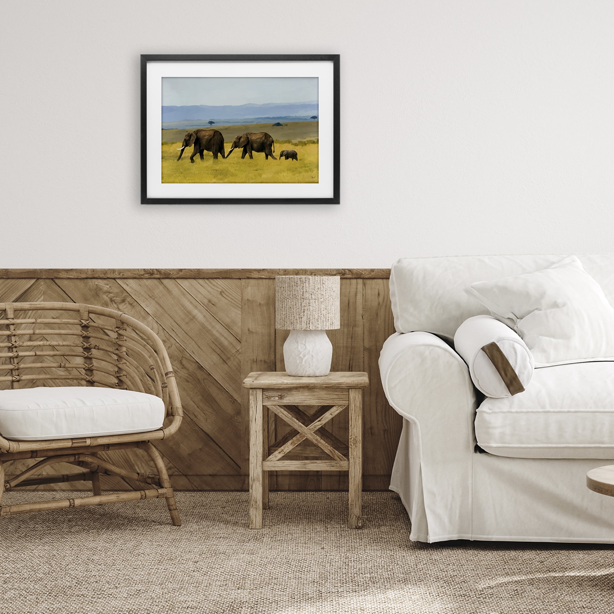 Stupell Industries Elephants In The Grassland Black Framed Print Under Glass, design by Renel Peters