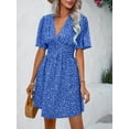 thumbnail image 2 of Women's Summer Dresses Boho Midi Sleeve Dress Floral Print V Neck A Line Pleated Casual Fit Elegant Vacation Sundress (Blue,Large), 2 of 2