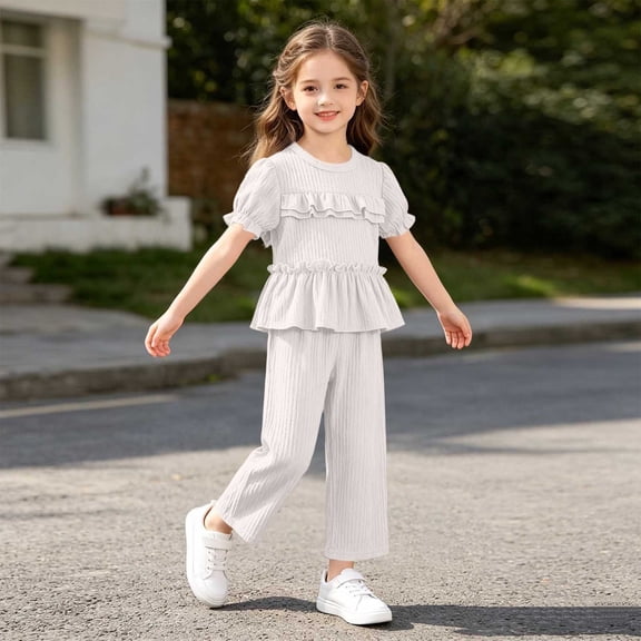 ITSAME Toddler Girls Outfit Set Crewneck Ruffle Top and Pants 2-Piece Summer Loose Casual Clothes White Size 2-3