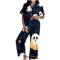 thumbnail image 2 of Pijama de manga corta con cuello vuelto para mujer, con bolsillos y estampado de Halloween, cintura elástica, de poliéster, 2 of 5